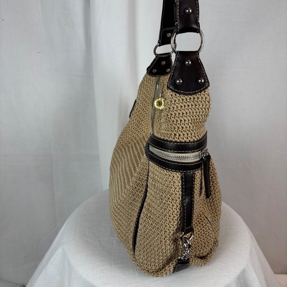 The Sak "Leann" Crochet Hobo Bag Tan Brown Leather Trim Silver Tone Hardware - Picture 4 of 12